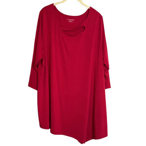 Catherines Womens Knit Tunic Size 1X Red Asymmetric Hemline 3Q Sleeves Keyhole
